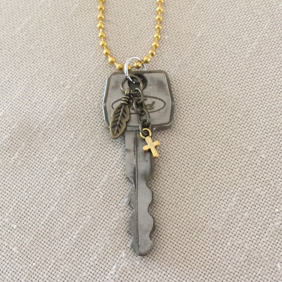 HAND CRAFTED Vintage Ford Key Necklace Feather Cross Charms Mixed Metals - Picture 2 of 7